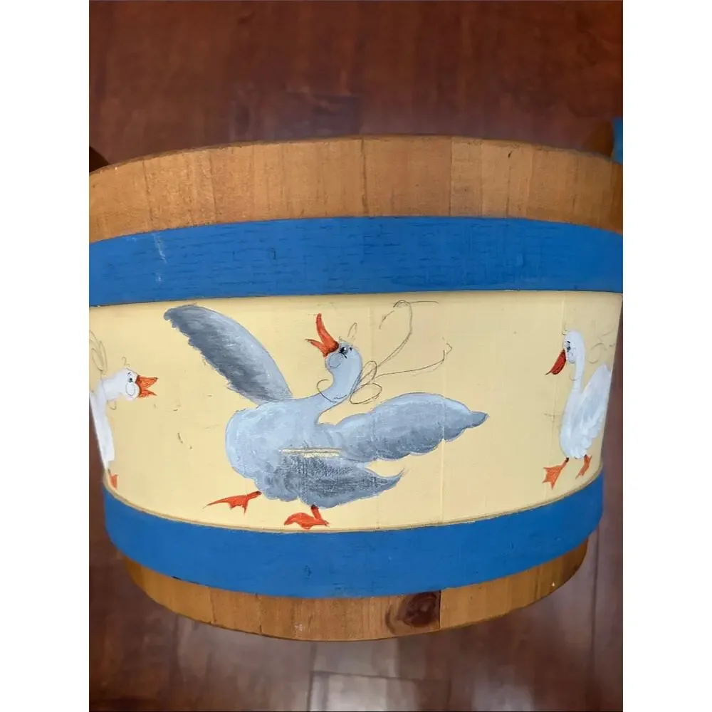 Large Vintage Basketville Goose Wooden Basket, Yellow & Blue Handmade in Vermont